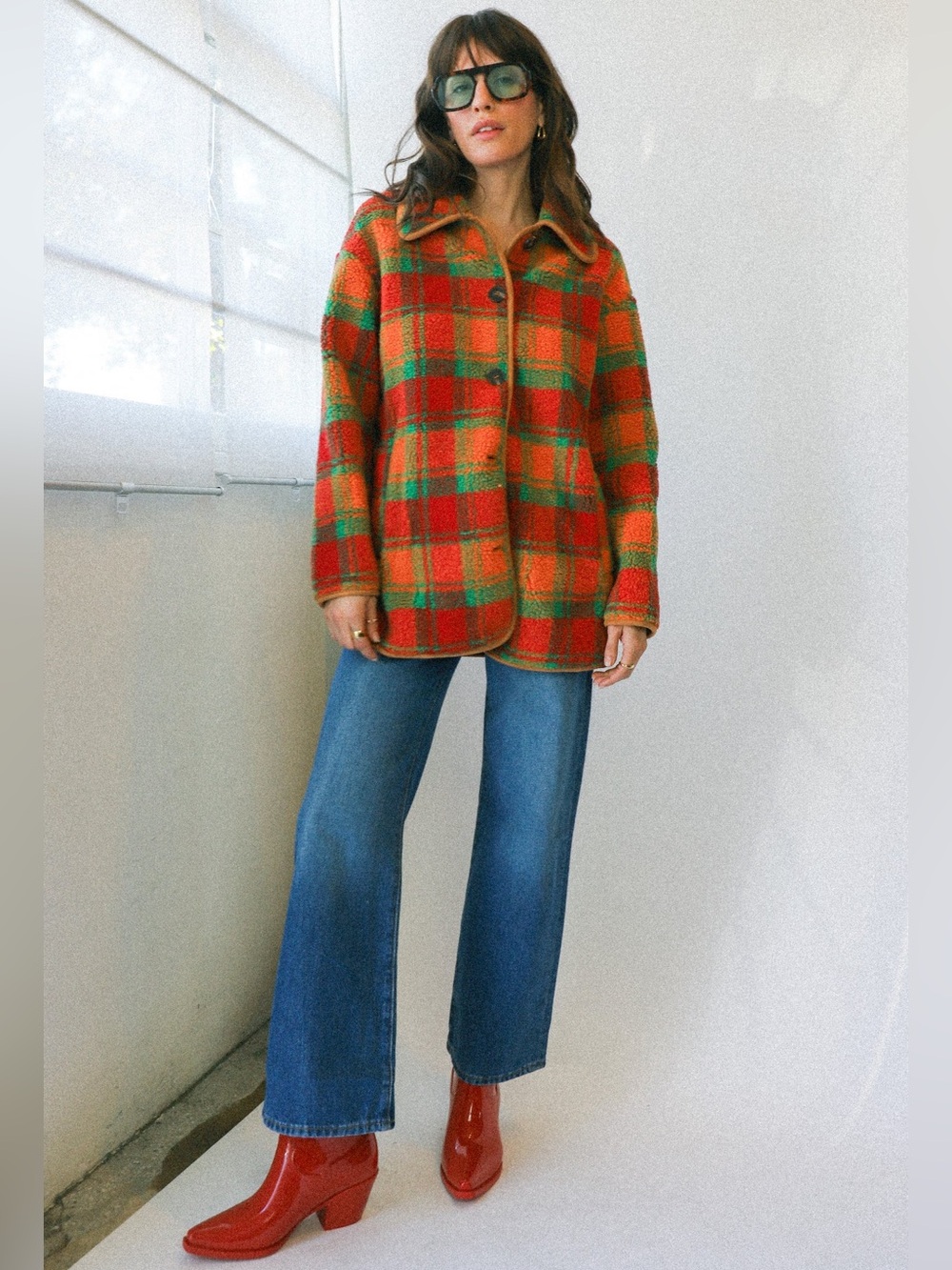 LISA SAYS GAH Jesse Sherpa Jacket in Orange Plaid Size XS/S - Picture 3 of 16